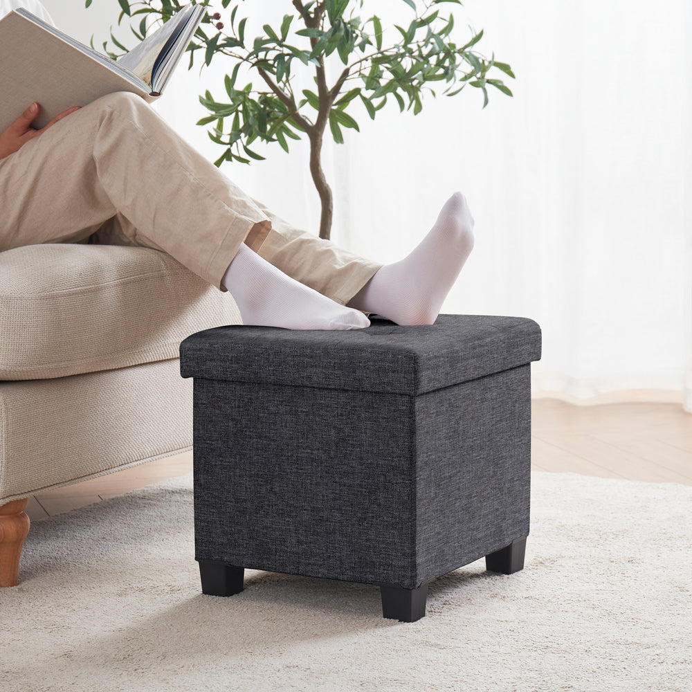 Foldable Tufted 15 Inch Square Linen Storage Ottoman with Legs - Charcoal Gray