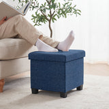Foldable Tufted 15 Inch Square Linen Storage Ottoman with Legs - Navy