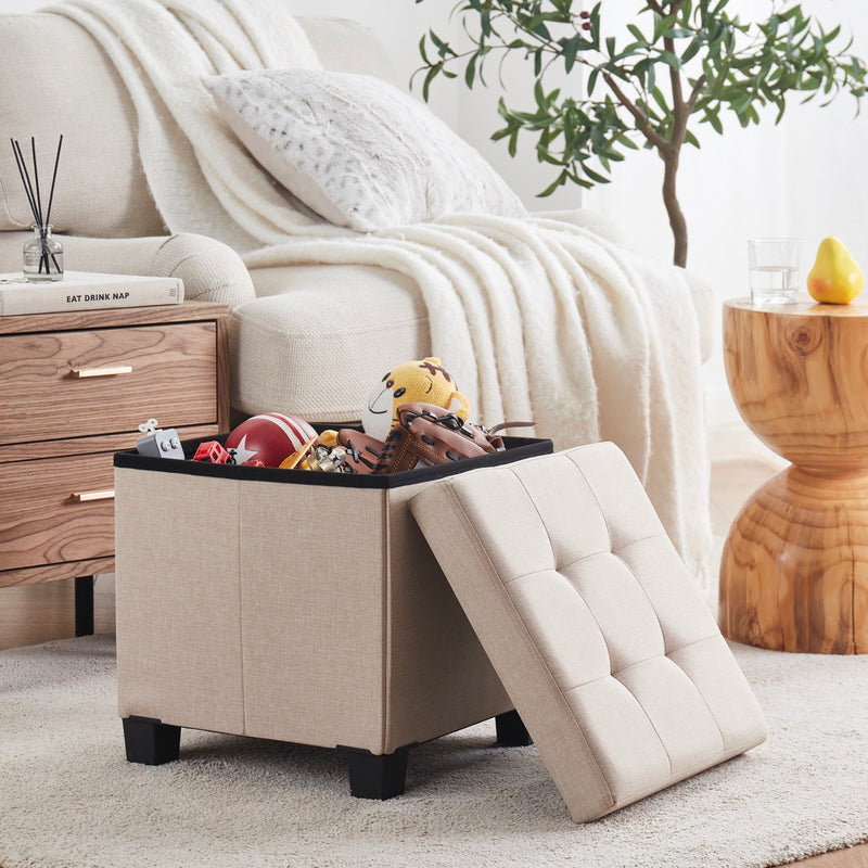 Foldable Tufted 15 Inch Square Linen Storage Ottoman with Legs - Beige