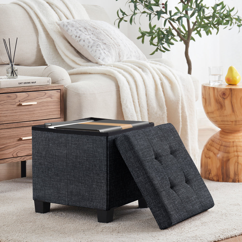Foldable Tufted 15 Inch Square Linen Storage Ottoman with Legs