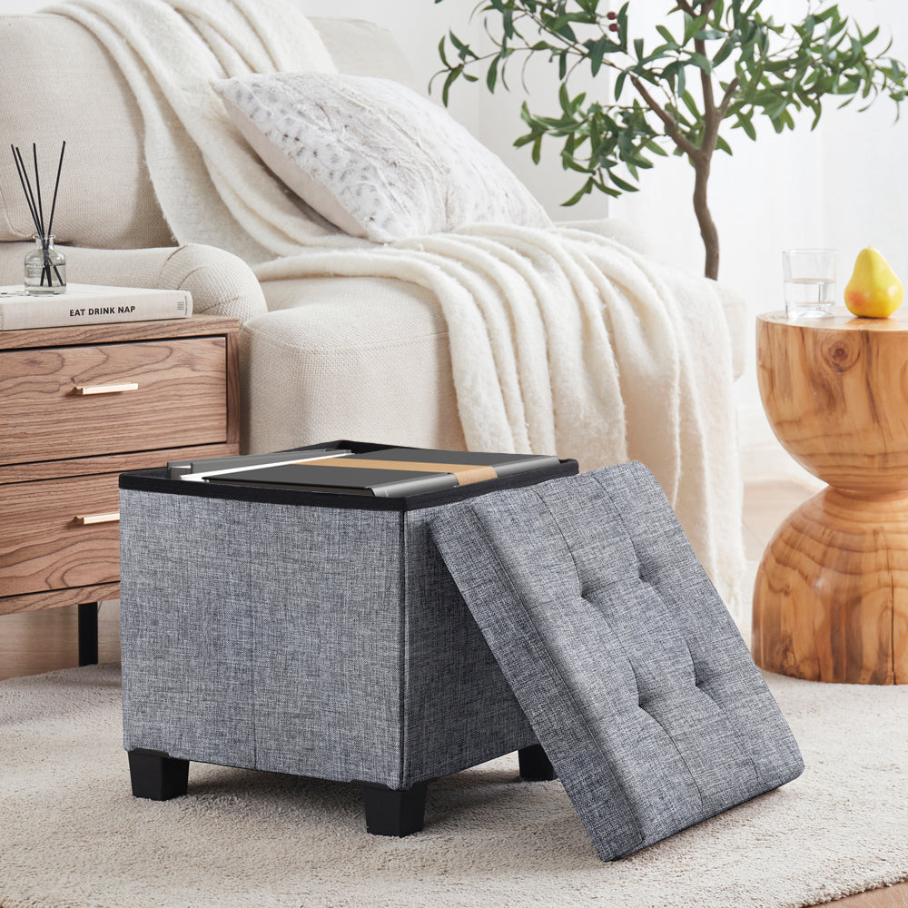 Foldable Tufted 15 Inch Square Linen Storage Ottoman with Legs