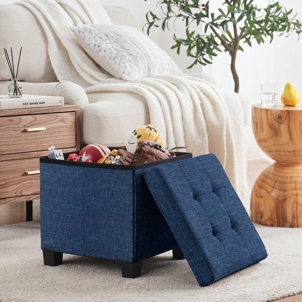 Foldable Tufted 15 Inch Square Linen Storage Ottoman with Legs - Navy