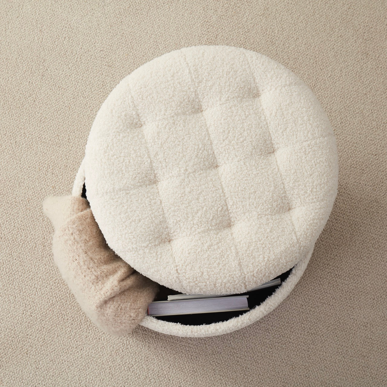 Donovan Round Tufted Boucle Storage Ottoman - White