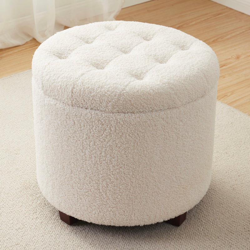 Donovan Round Tufted Boucle Storage Ottoman - White