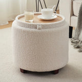 Lawrence Round Boucle White Storage Ottoman with Table Top Lid