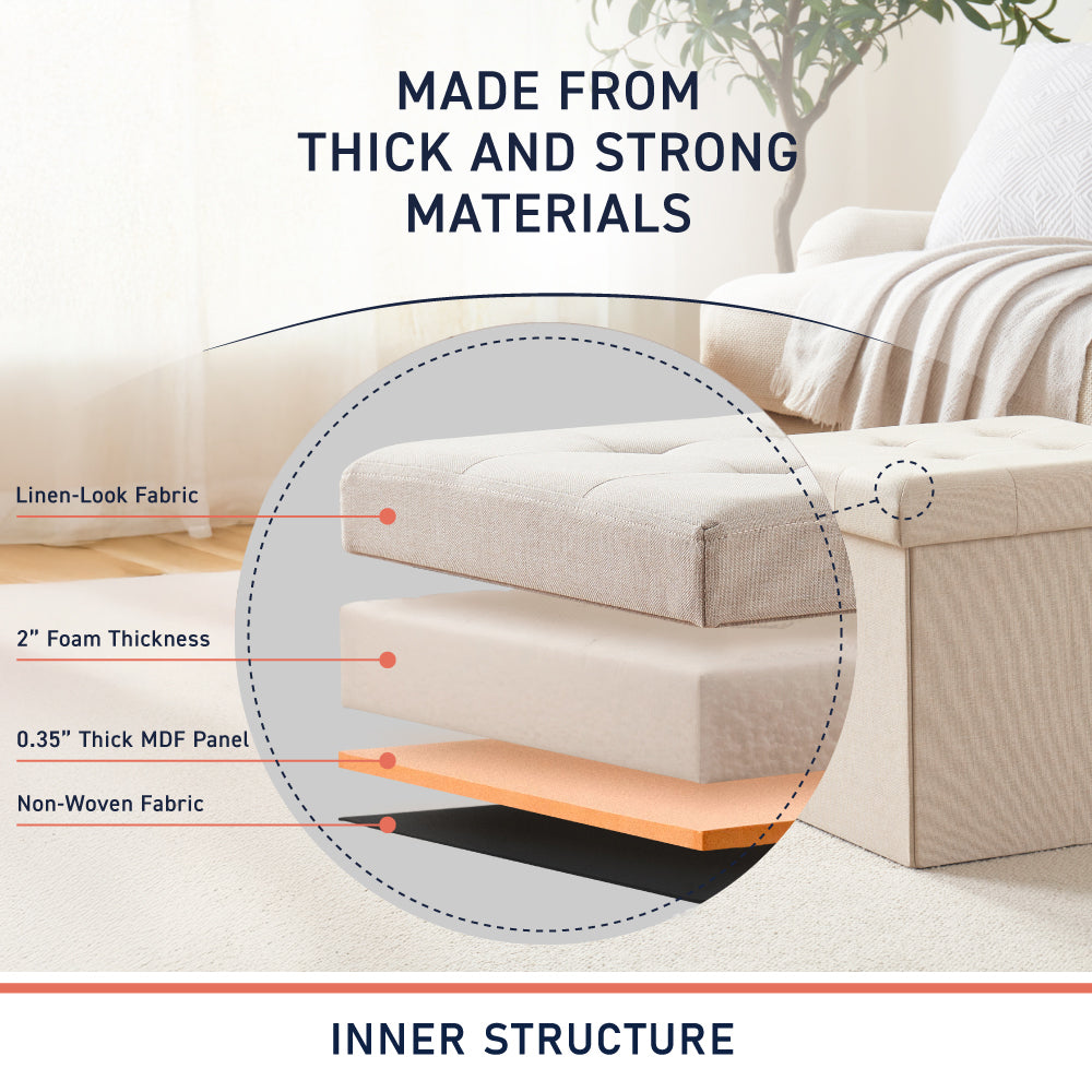 Foldable Tufted Linen Square Storage Ottoman