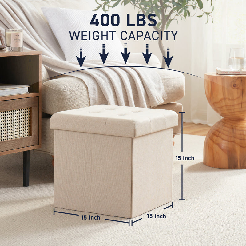 Foldable Tufted Linen Square Storage Ottoman