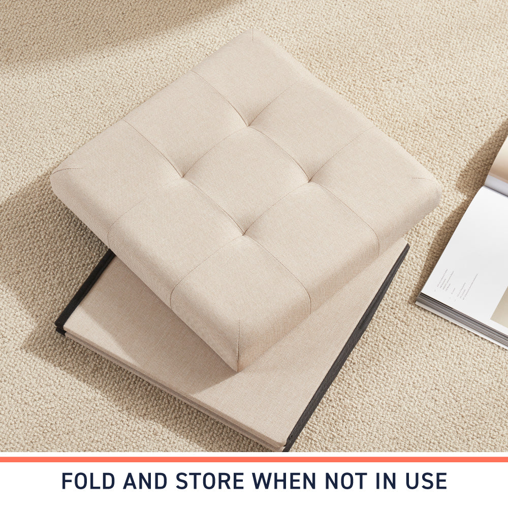 Foldable Tufted Linen Square Storage Ottoman