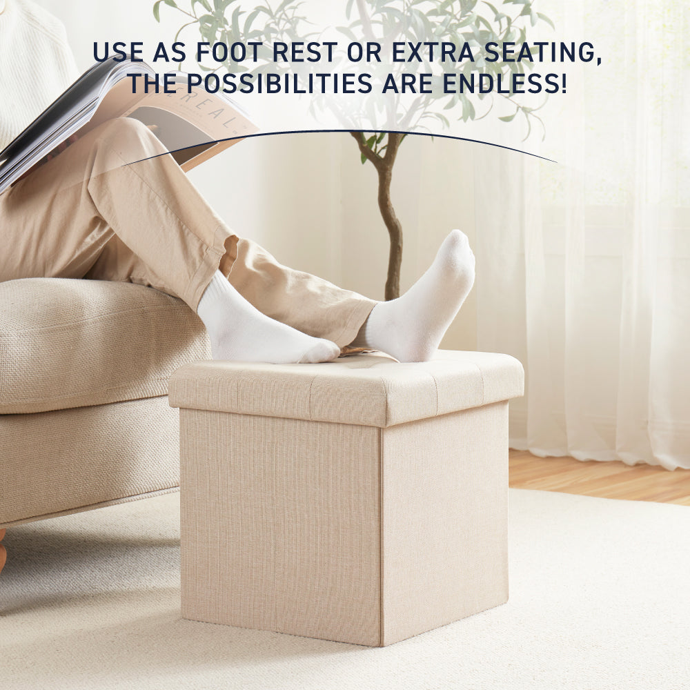Foldable Tufted Linen Square Storage Ottoman