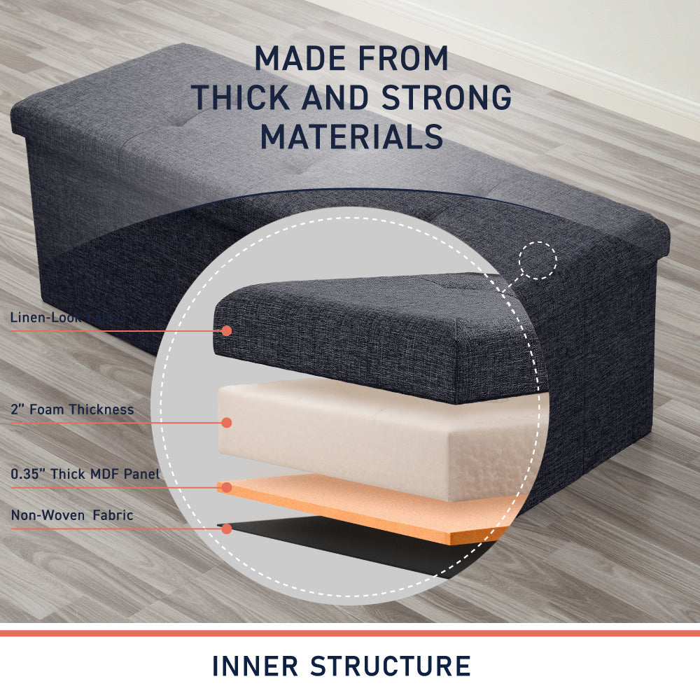 Foldable Tufted Linen Long Bench Storage Ottoman - Black