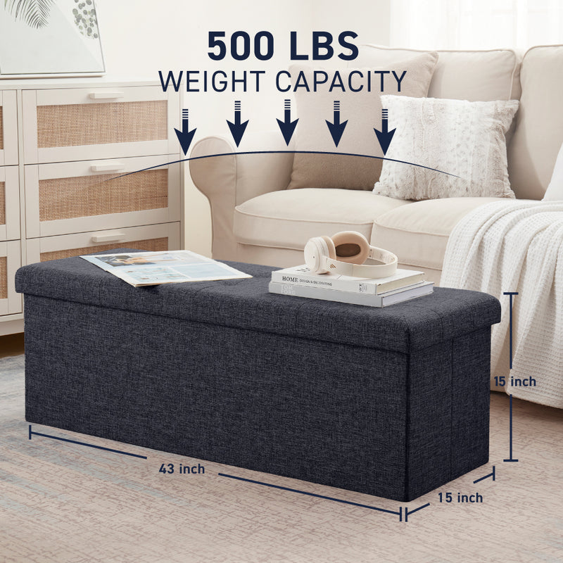 Foldable Tufted Linen Long Bench Storage Ottoman - Black