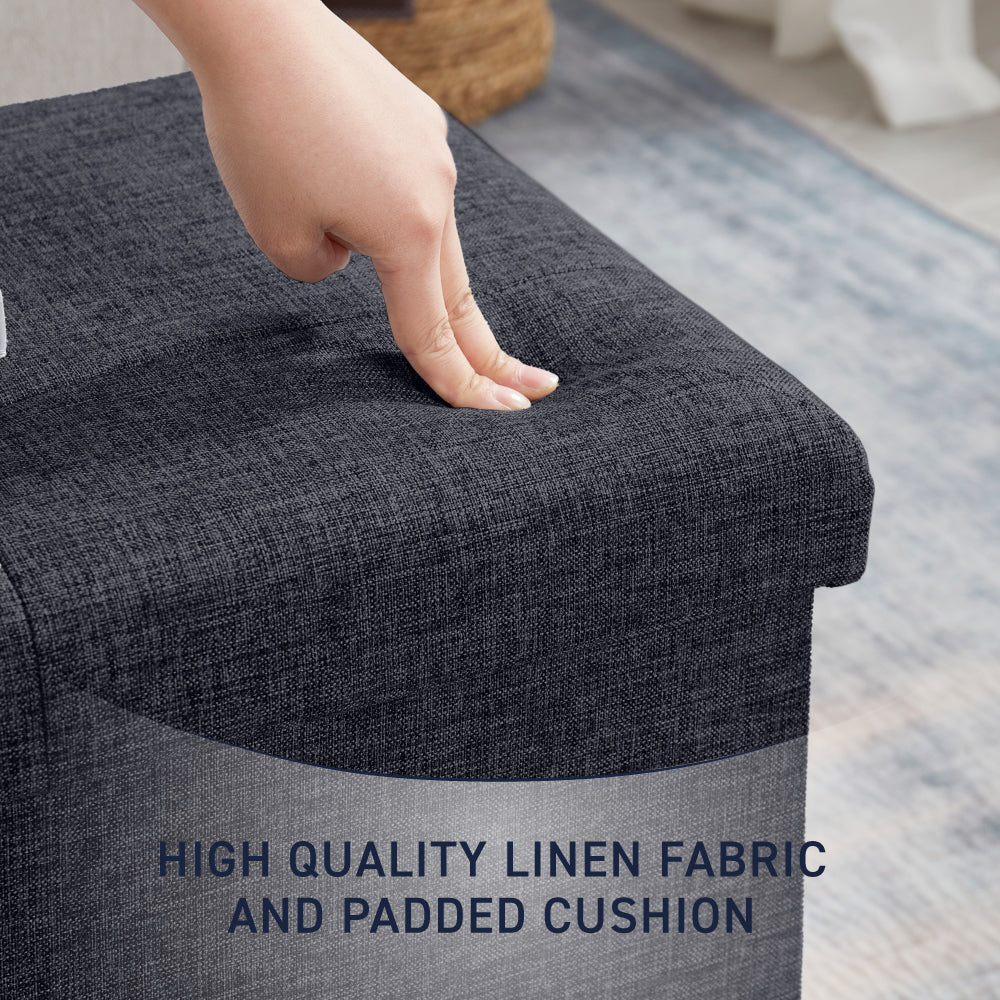 Foldable Tufted Linen Long Bench Storage Ottoman - Black