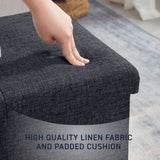 Foldable Tufted Linen Long Bench Storage Ottoman - Black