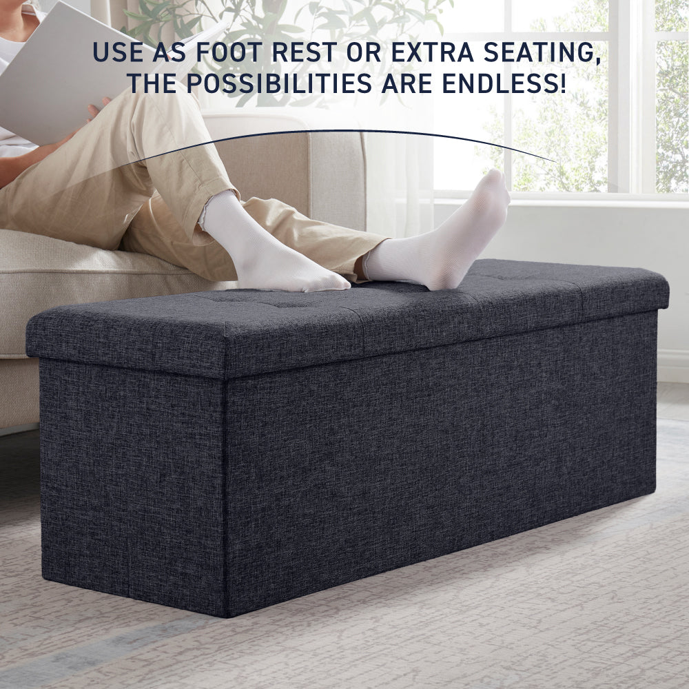 Foldable Tufted Linen Long Bench Storage Ottoman - Black