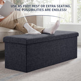 Foldable Tufted Linen Long Bench Storage Ottoman - Black