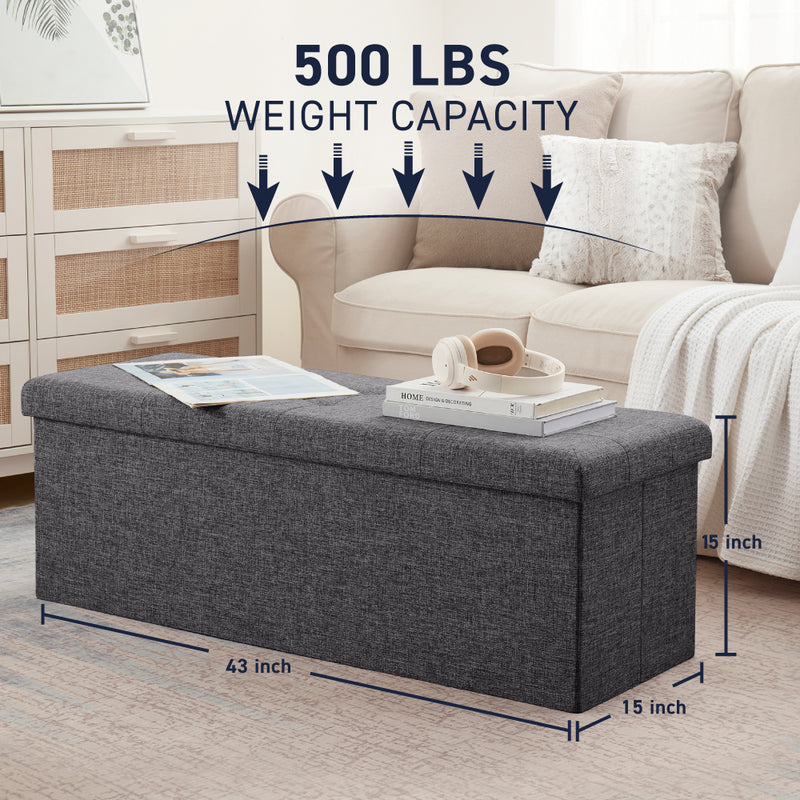 Foldable Tufted Linen Long Bench Storage Ottoman - Charcoal Gray