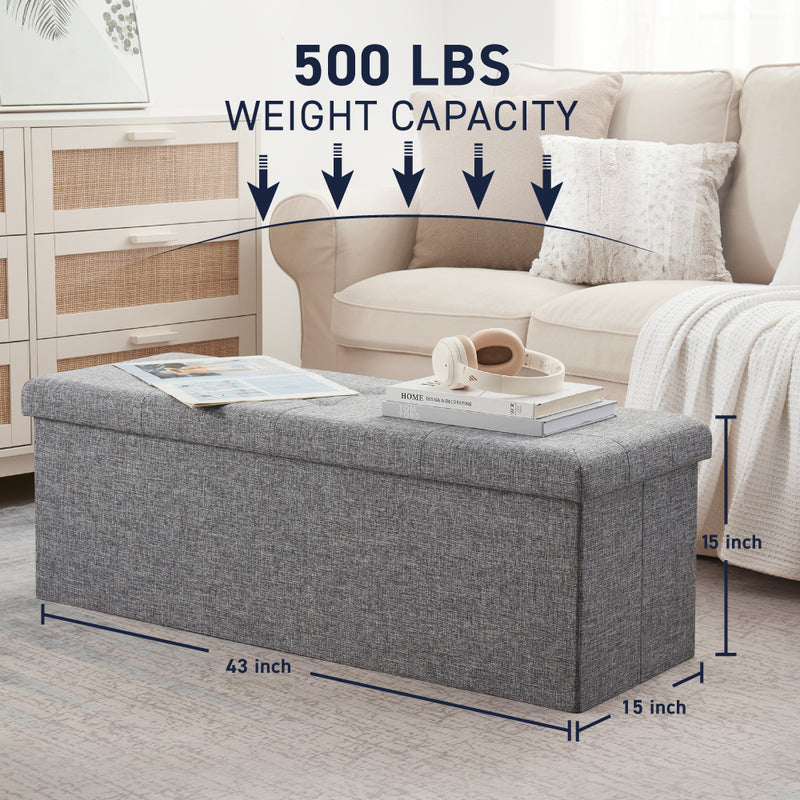 Foldable Tufted Linen Long Bench Storage Ottoman - Gray