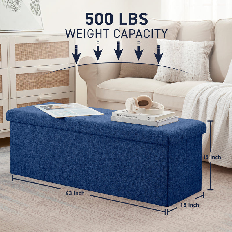 Foldable Tufted Linen Long Bench Storage Ottoman - Navy Blue