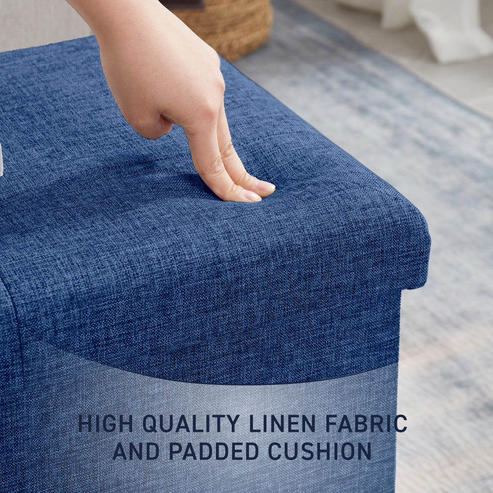 Foldable Tufted Linen Long Bench Storage Ottoman - Navy Blue