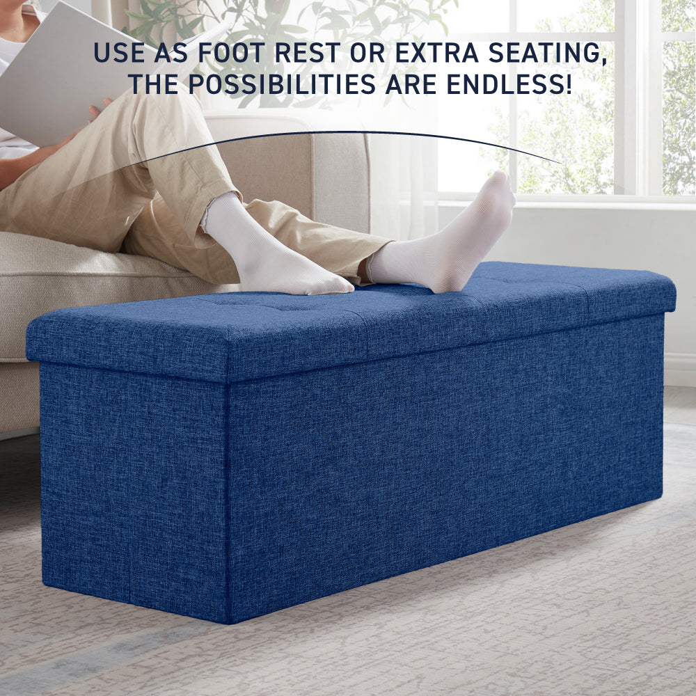 Foldable Tufted Linen Long Bench Storage Ottoman - Navy Blue