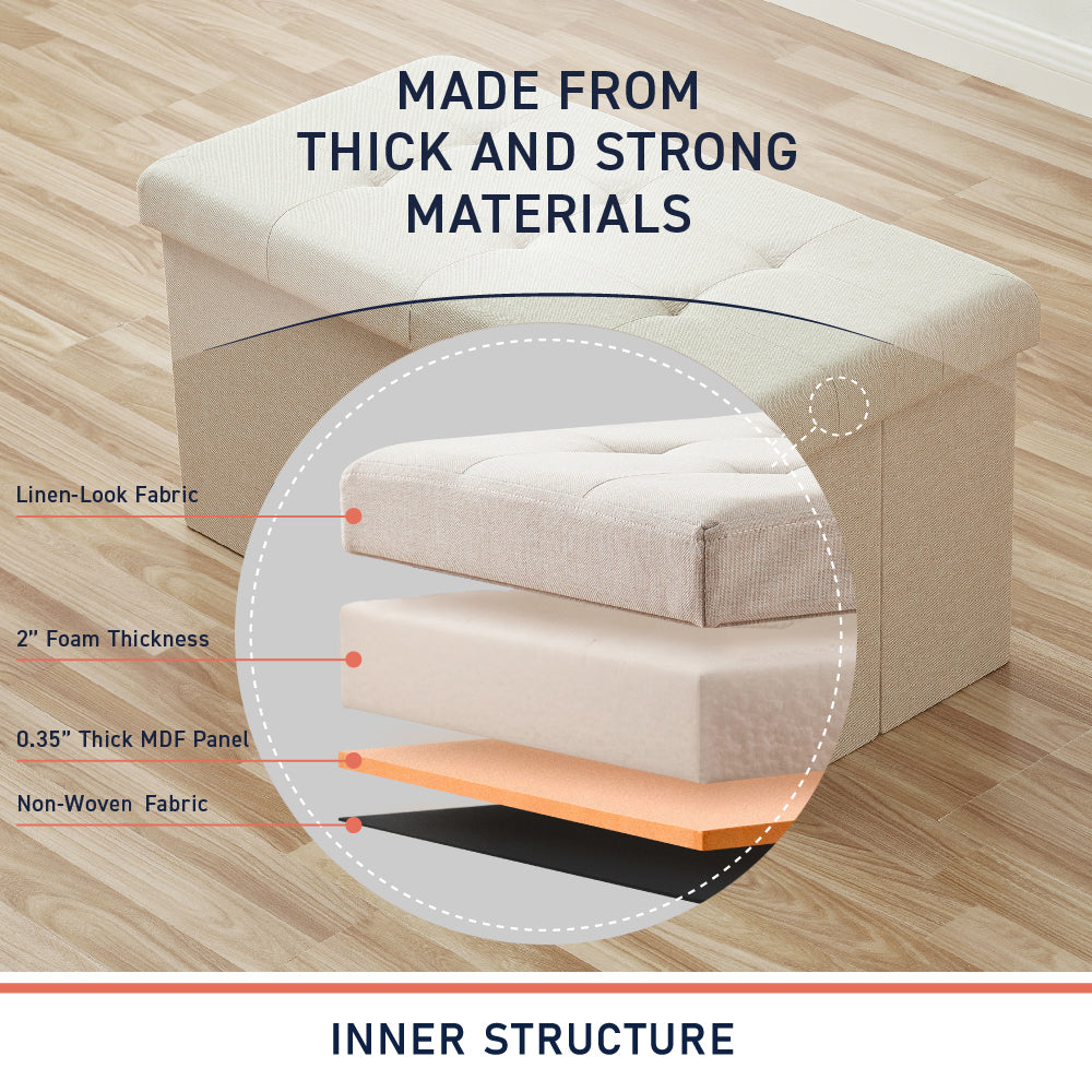 Foldable Tufted Linen 30' Inch Bench Storage Ottoman