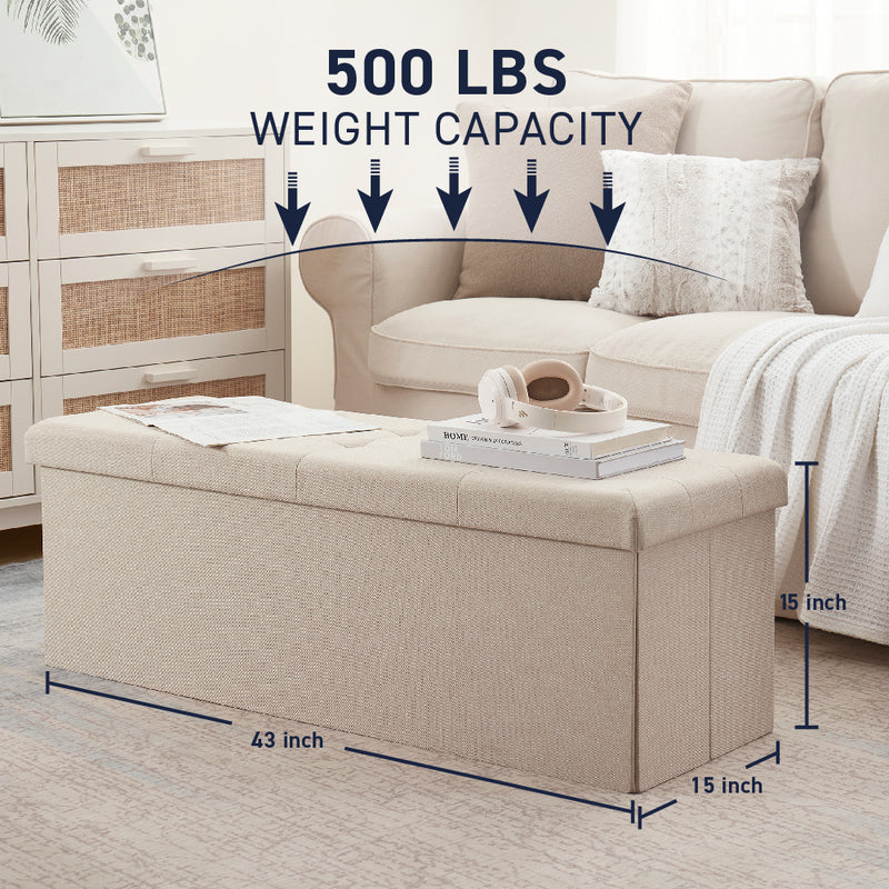 Foldable Tufted Linen Long Bench Storage Ottoman - Beige