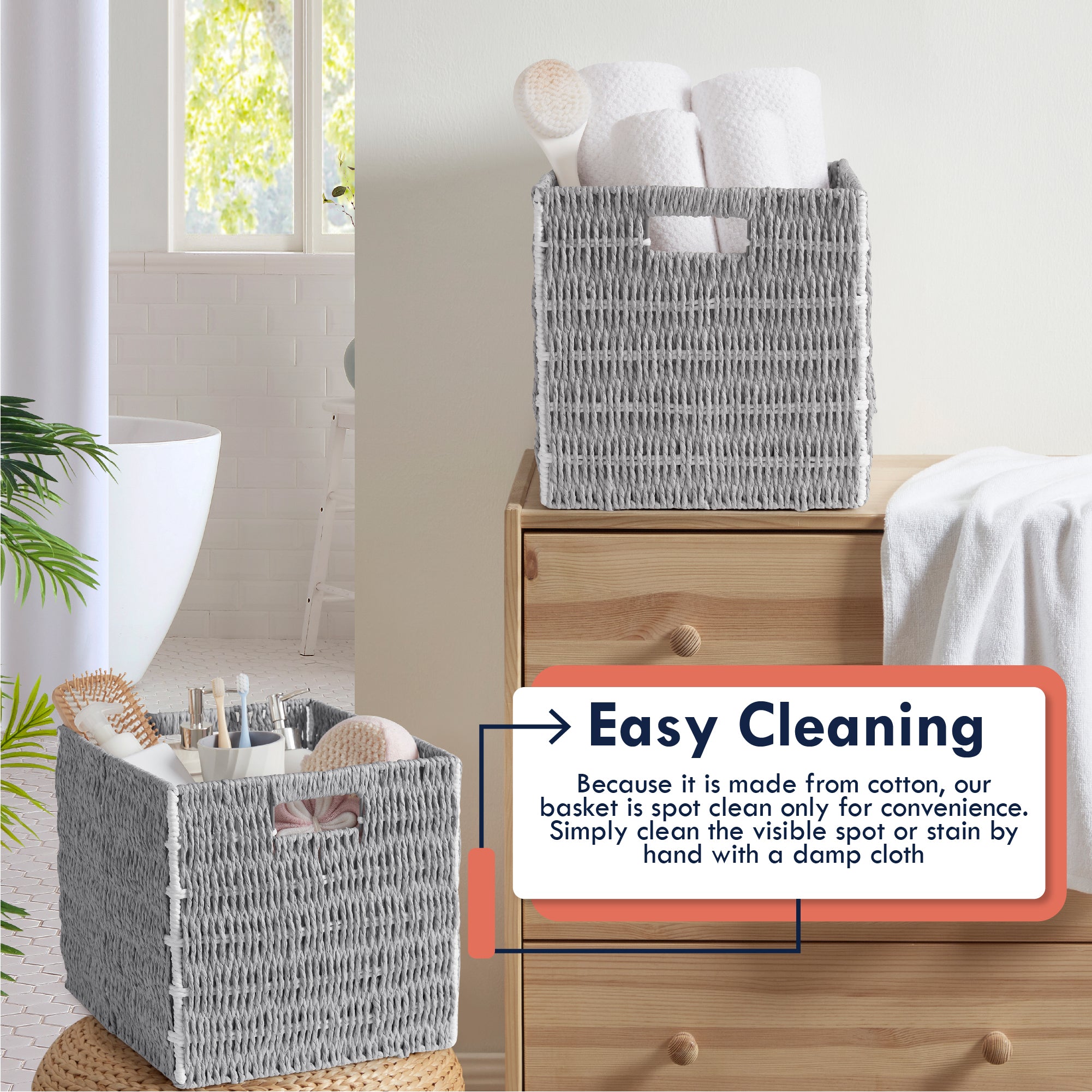 Foldable Paper Wicker Storage Shelf Basket Cube Bin with Handles - White/Gray
