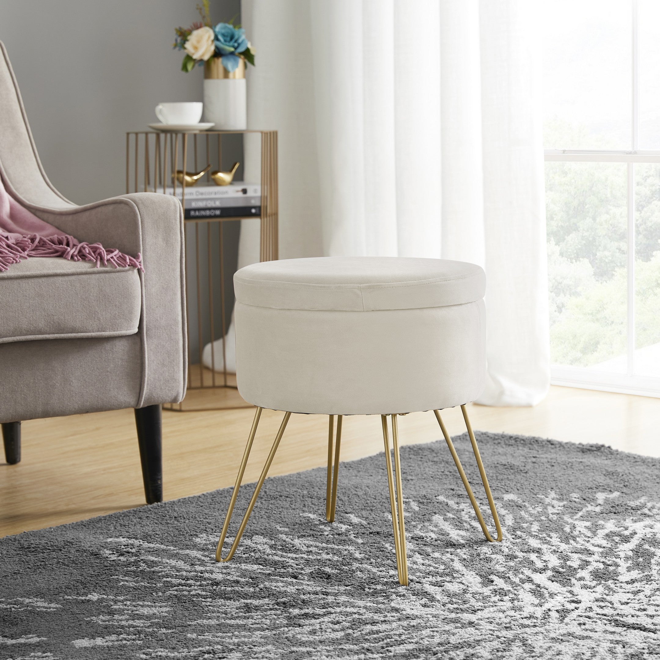 Round Velvet Storage Ottoman with Metal Legs