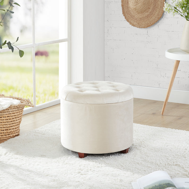 Donovan Round Tufted Velvet Storage Ottoman - Cream