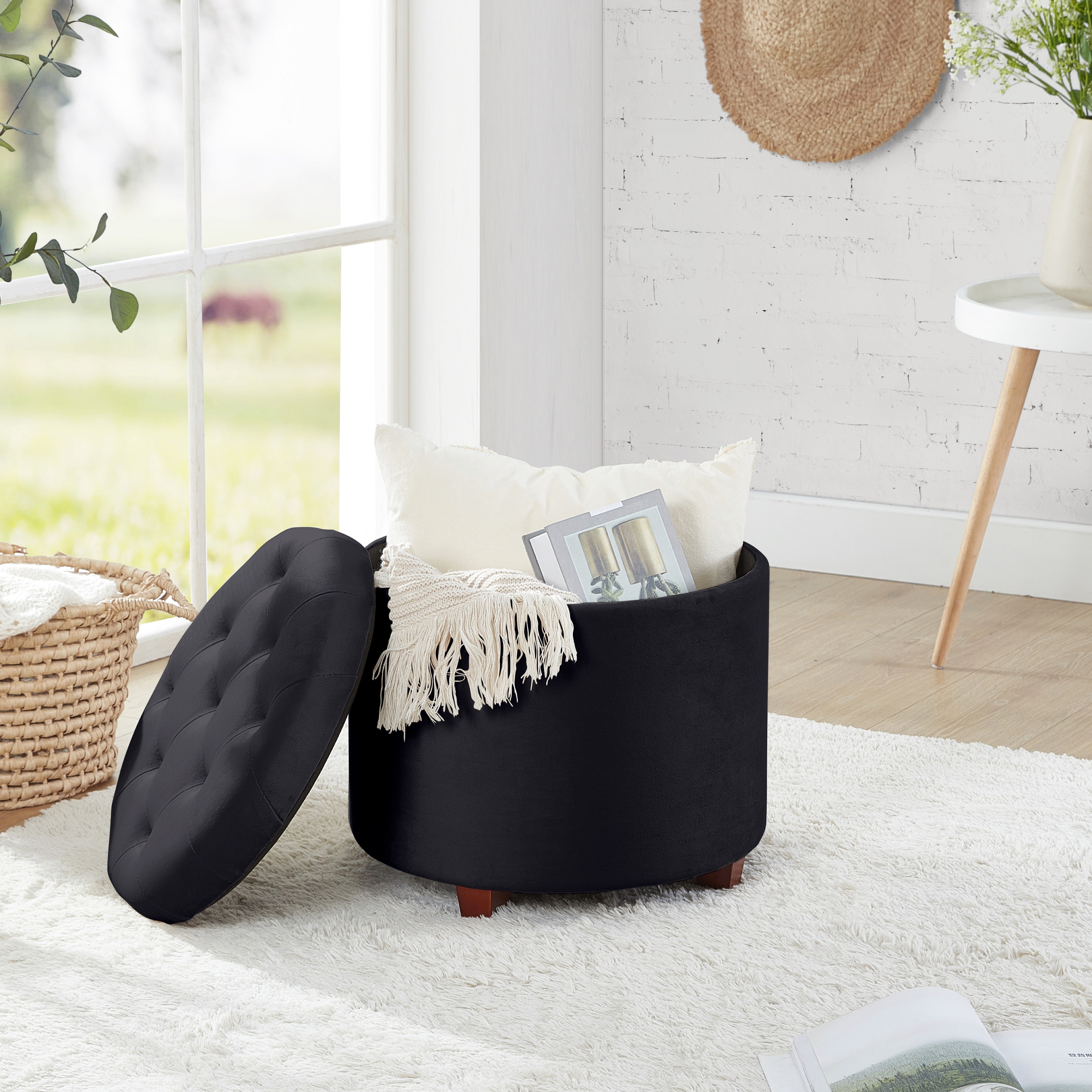 Donovan Round Tufted Velvet Storage Ottoman - Black