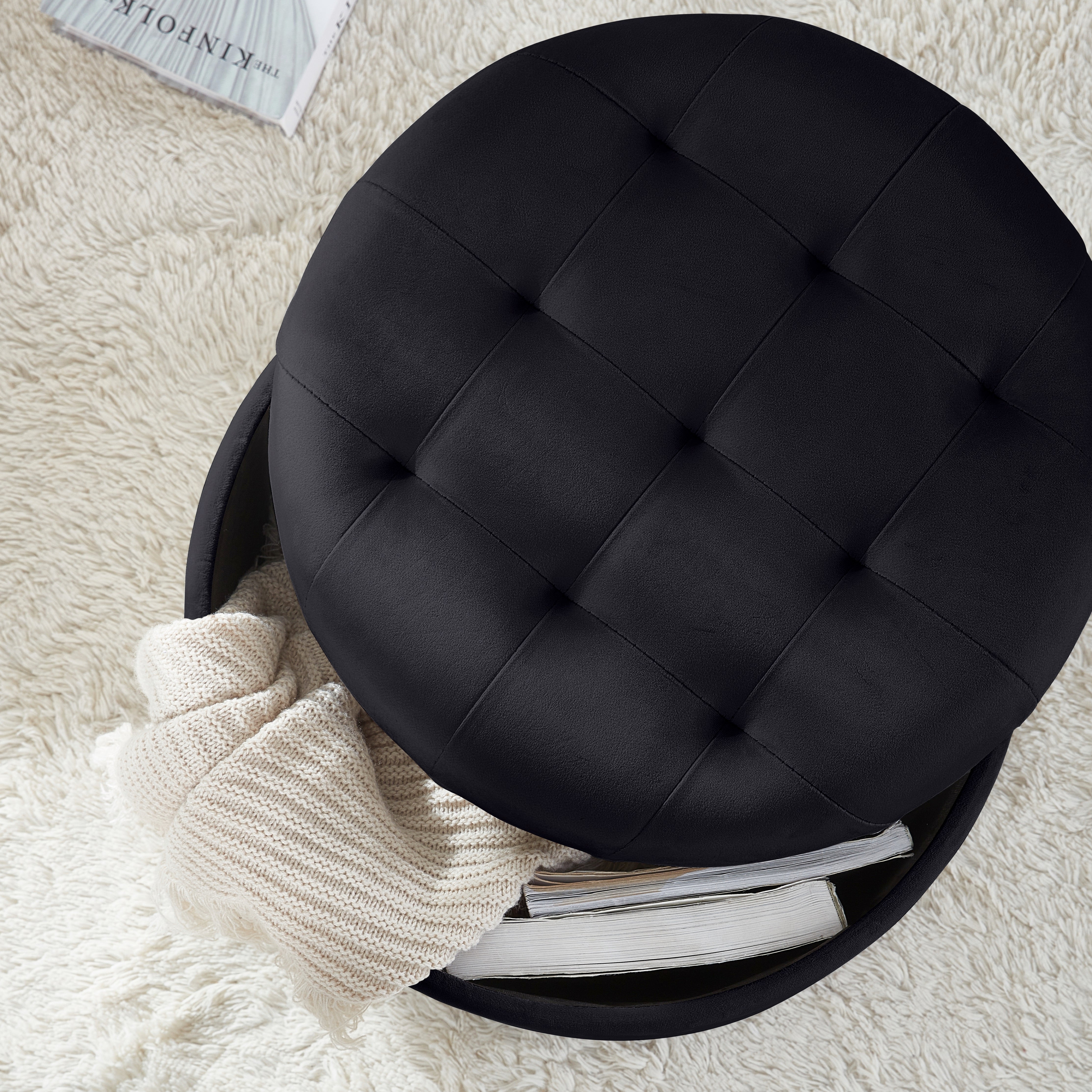 Donovan Round Tufted Velvet Storage Ottoman - Black