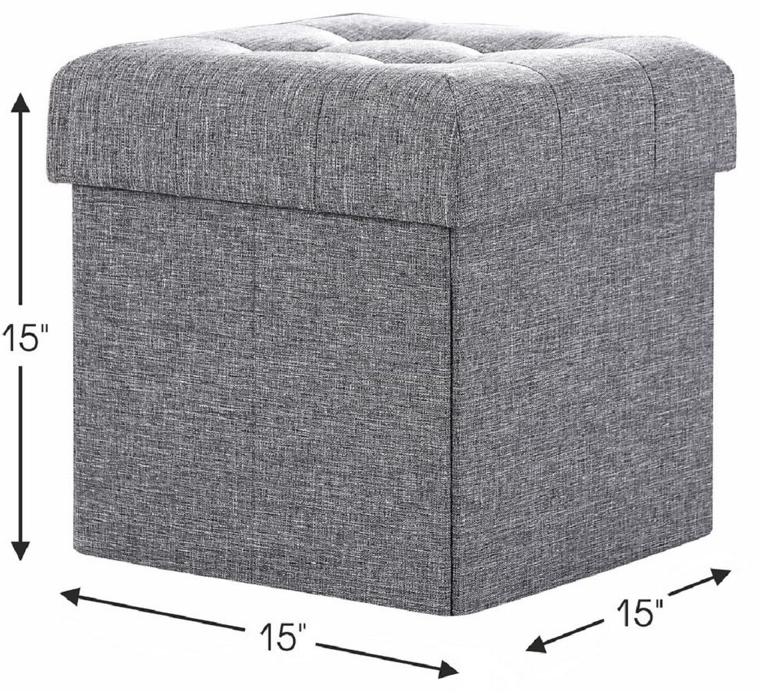Foldable Tufted Linen Square Storage Ottoman - Gray