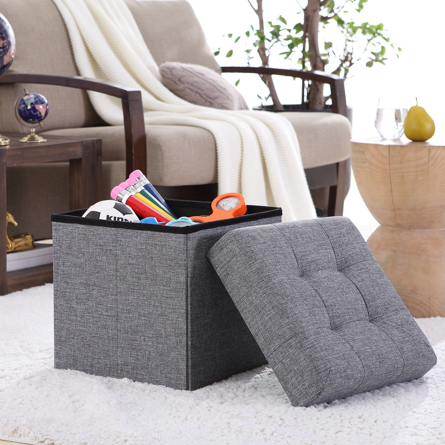 Foldable Tufted Linen Square Storage Ottoman - Gray