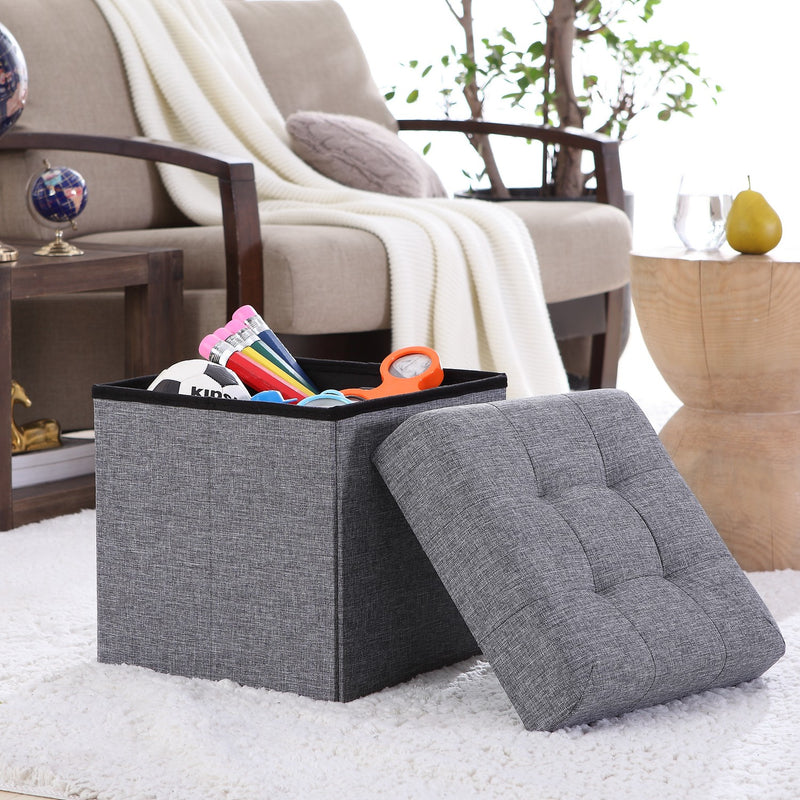 Foldable Tufted Linen Square Storage Ottoman - Gray