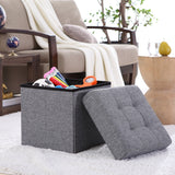 Foldable Tufted Linen Square Storage Ottoman - Gray