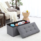 Foldable Tufted Linen Bench Storage Ottoman - Gray