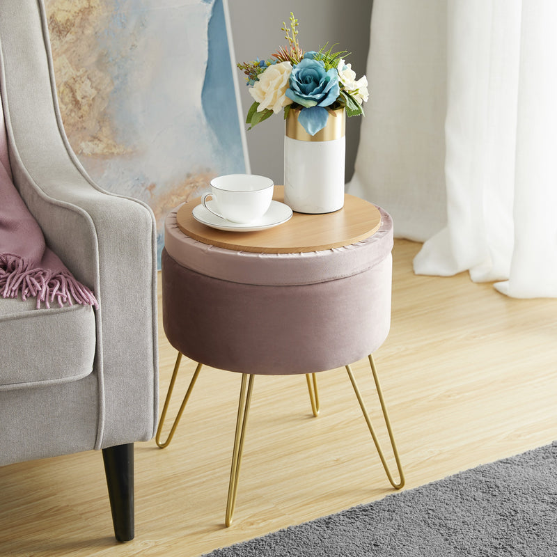 Round Velvet Storage Ottoman - Blush