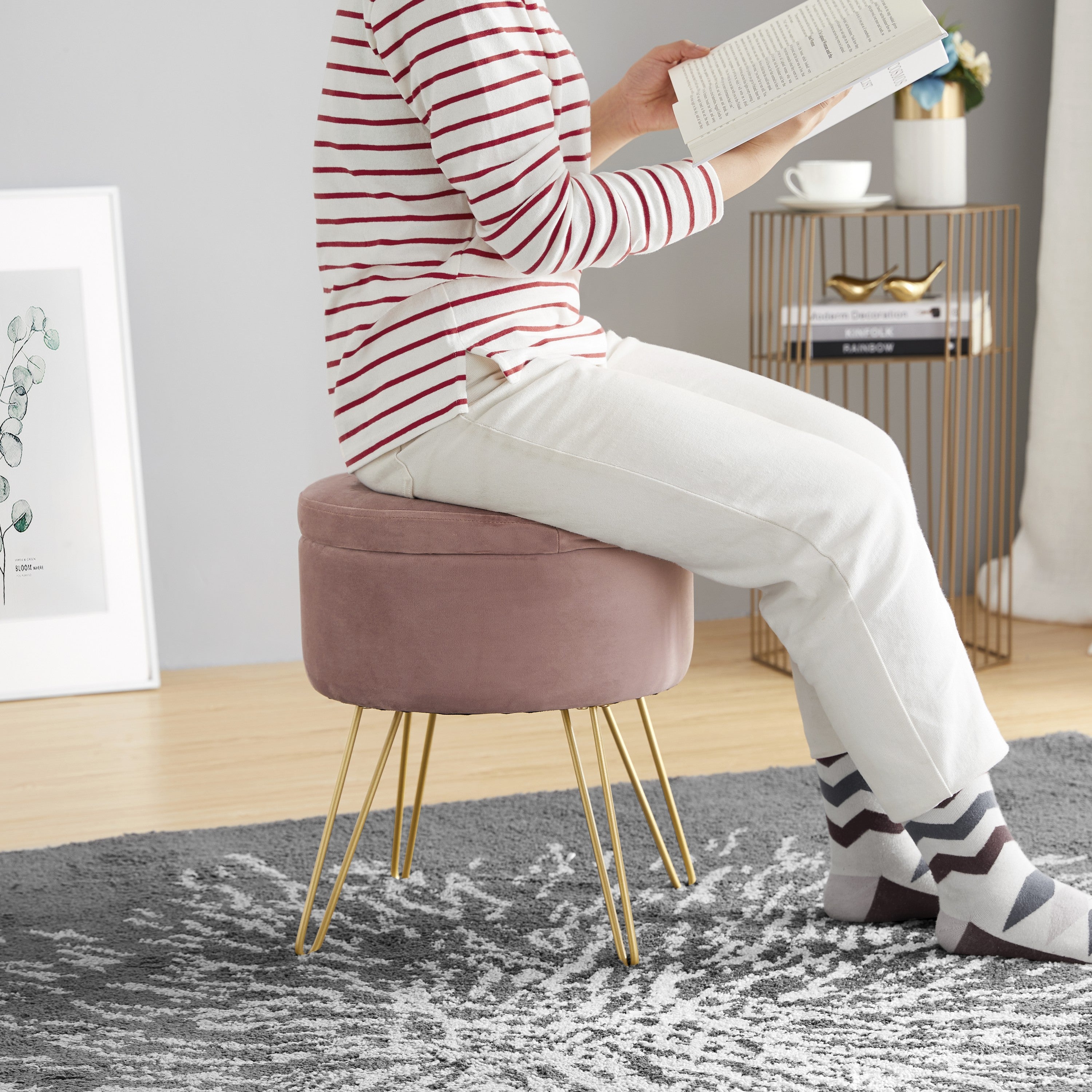 Round Velvet Storage Ottoman - Blush