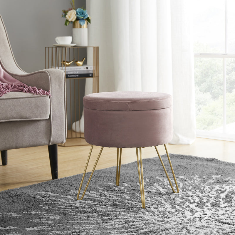 Round Velvet Storage Ottoman - Blush