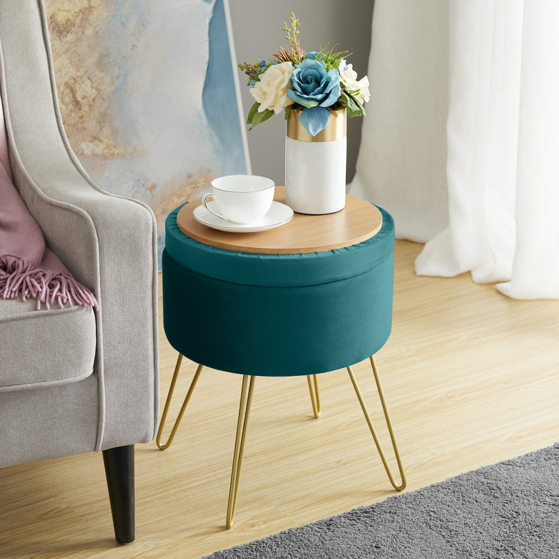 Round Velvet Storage Ottoman - Teal