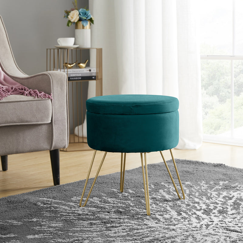 Round Velvet Storage Ottoman - Teal