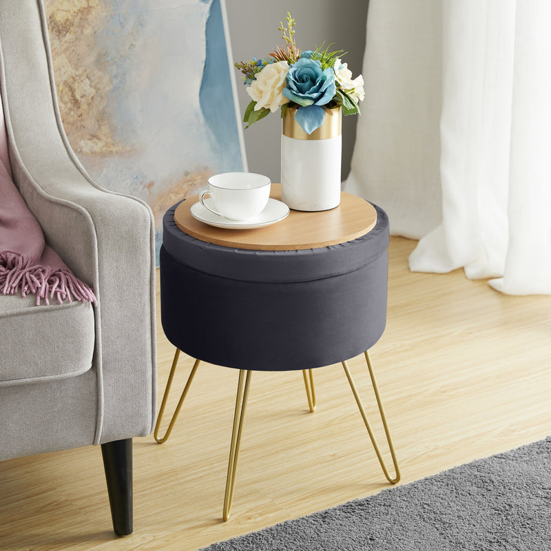 Round Velvet Storage Ottoman - Gray