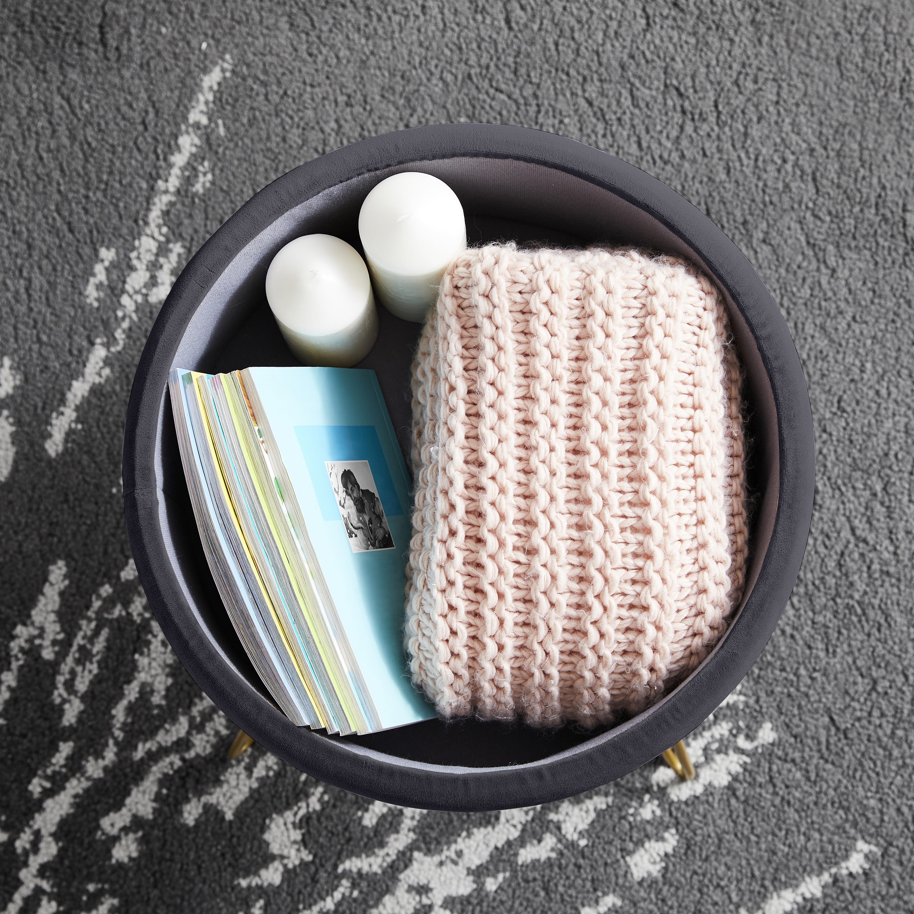 Round Velvet Storage Ottoman - Gray
