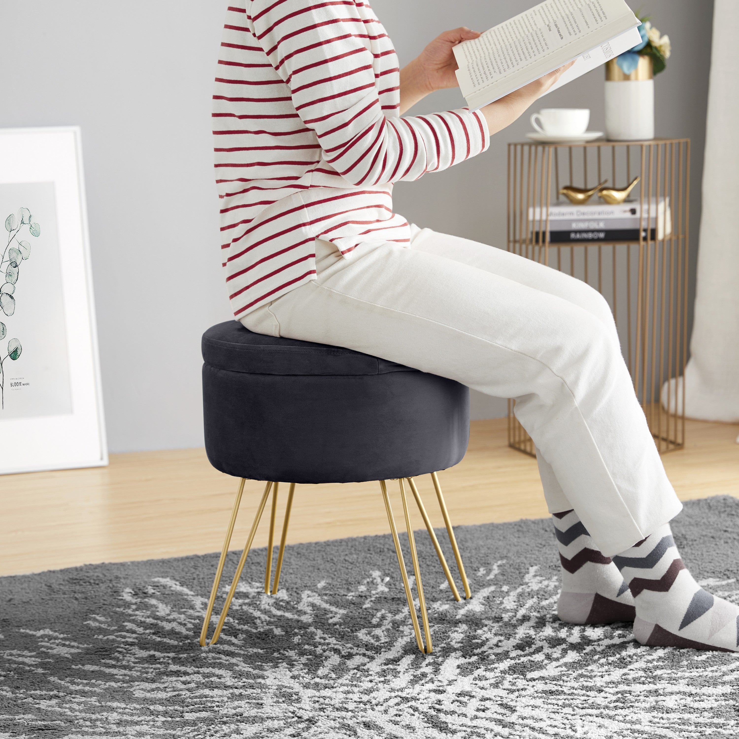 Round Velvet Storage Ottoman - Gray