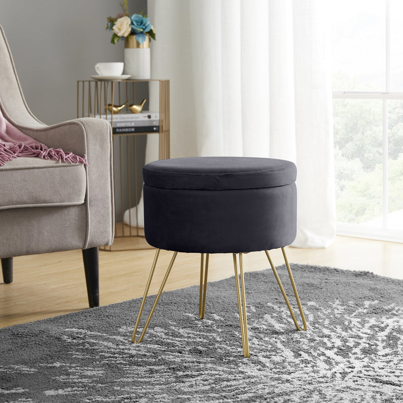 Round Velvet Storage Ottoman - Gray