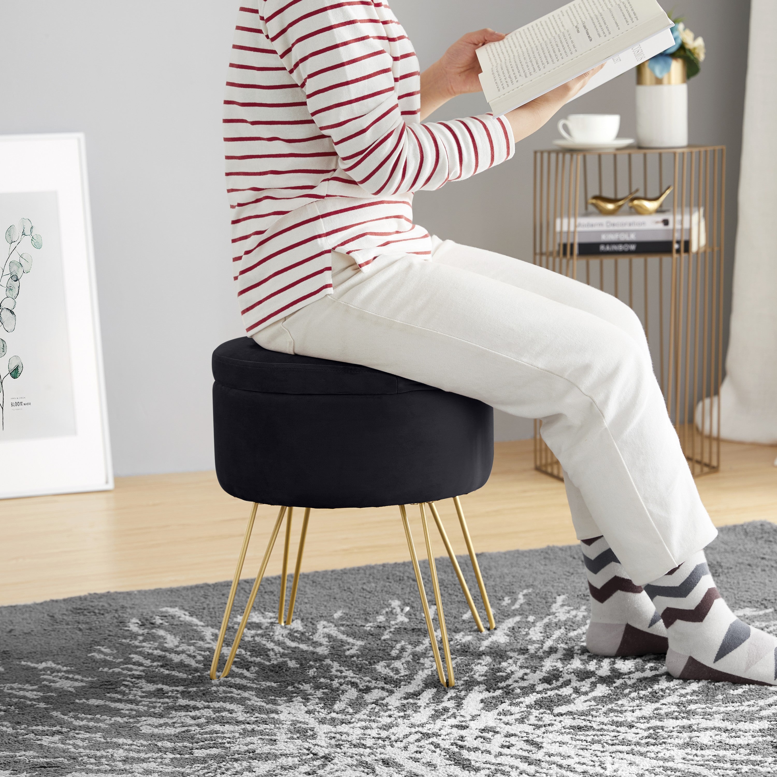 Round Velvet Storage Ottoman - Black