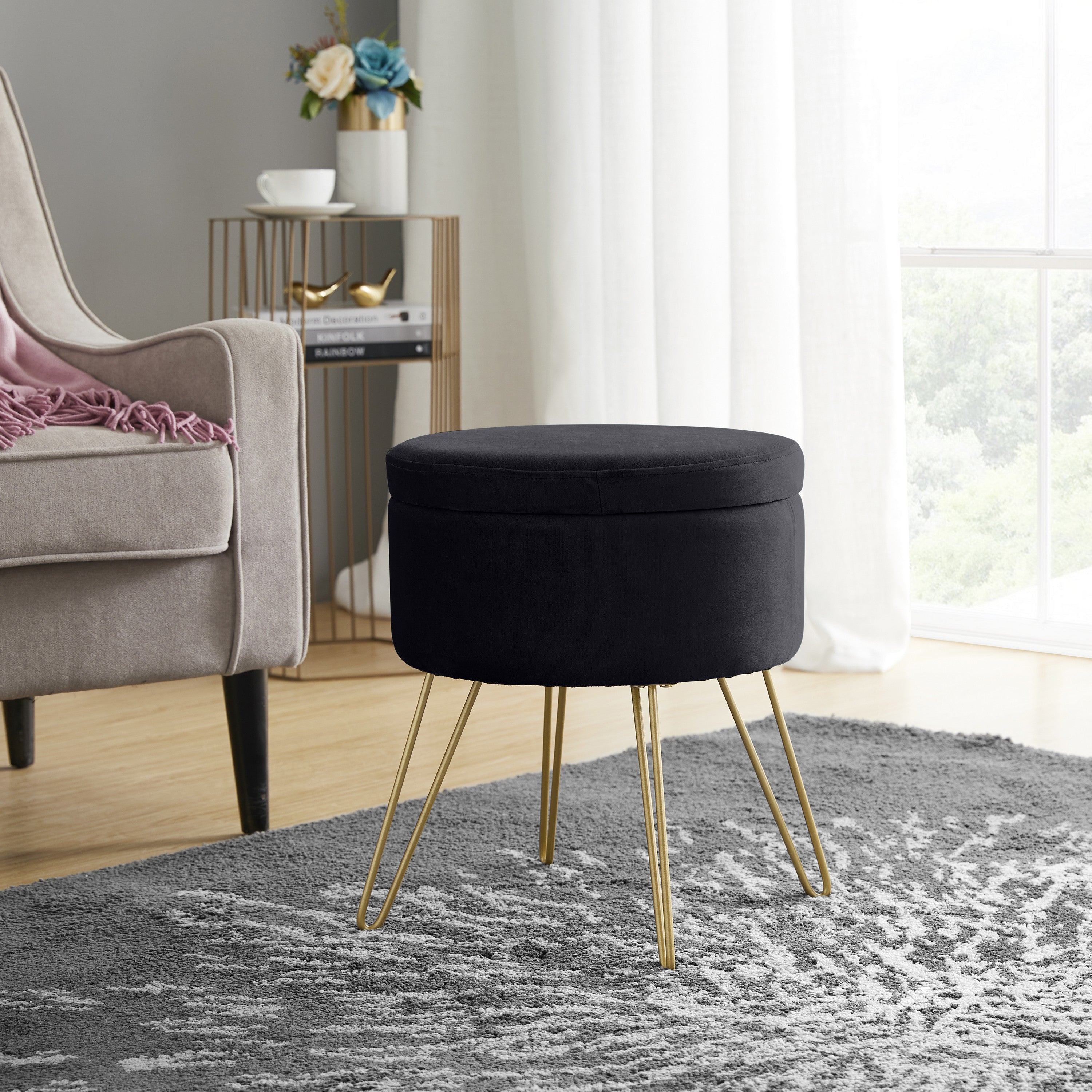 Round Velvet Storage Ottoman - Black