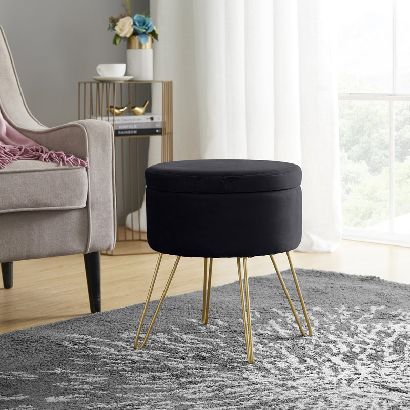 Round Velvet Storage Ottoman - Black