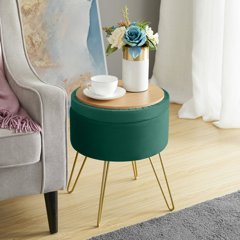 Round Velvet Storage Ottoman - Emerald Green