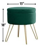 Round Velvet Storage Ottoman - Emerald Green